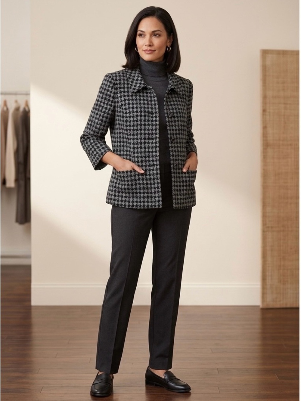 Style & Co Black and Gray Houndstooth Blazer. Size 14
